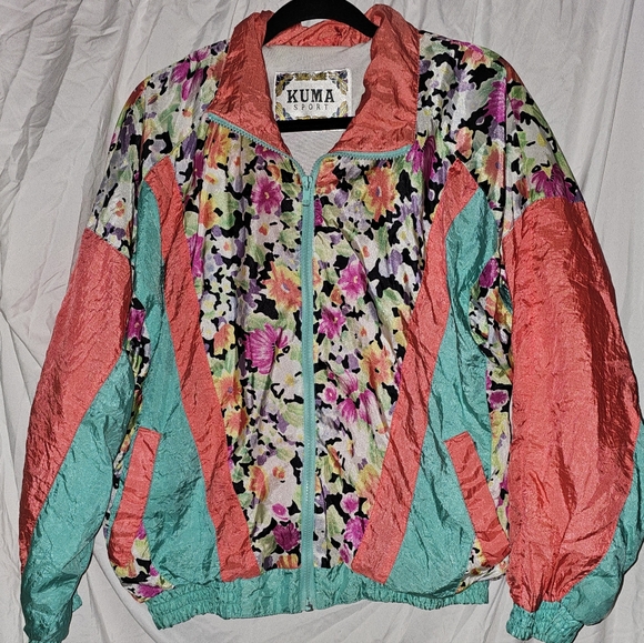 Vintage 90's Windbreaker Bomber Jacket Floral Kuma Sport - Picture 1 of 3
